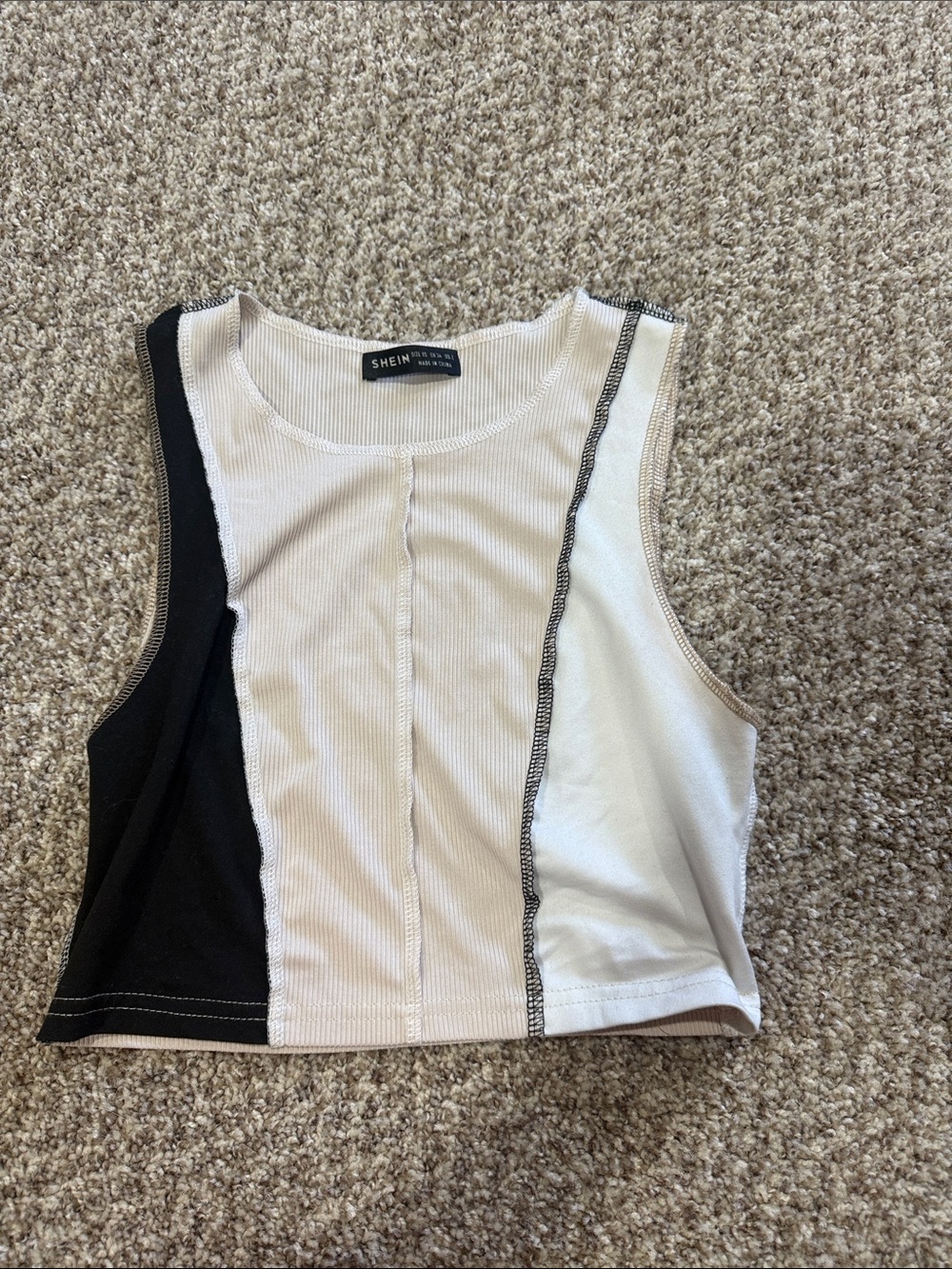SHEIN Beige, Black and White Colorblock Ribbed Crop Tank